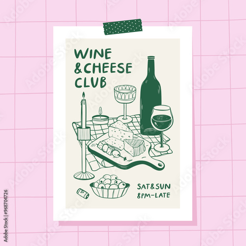 Kitchen Wall art. Invitation for wine and cheese party. Wine tasting concept.