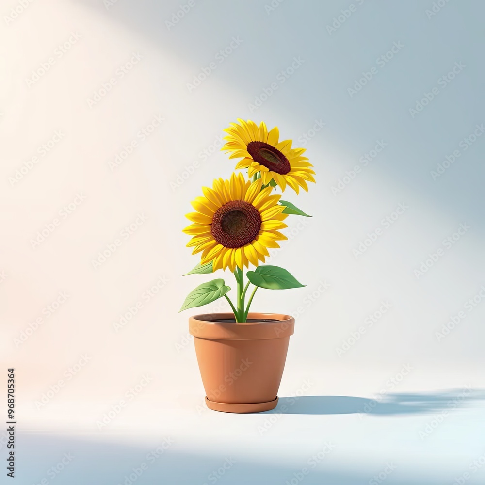 Obraz premium Two Sunflowers in a Clay Pot on a White Backgroun