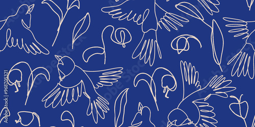 Seamless pattern of a birds and floral elements. Vector Modern line illustrations.
