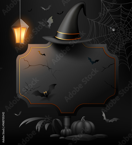 Happy Halloween Black sign and hat, Bright lamp, pumpkin, bat flying, poster flyer design on black background, Eps 10 vector illustration
 photo