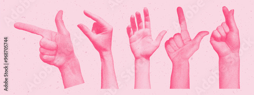 Set of photocopy human hands. Gesture signs. Vector collage elements with grain texture.