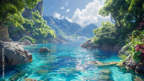 a stunning crystal lagoon with clear blue water, surrounded by lush greenery, rocky cliffs, and the bright summer sky reflecting on the water's surface