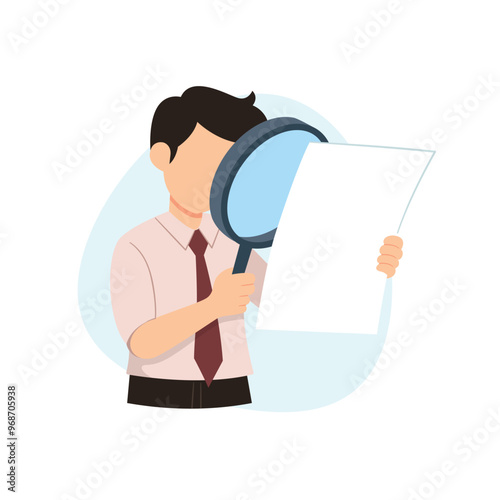 Businessman using magnifying glass to check documents, document checking, budget analysis, Attention to detail. vector illustration