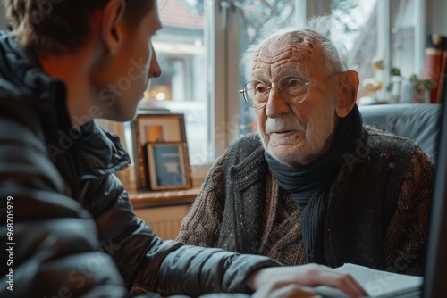 Elderly man talking to young man, visit to nursing home