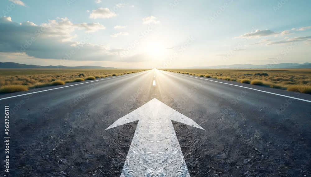 An asphalt road with a painted white arrow pointing forward, symbolizing motivation progress continuous growth and success. An asphalt road with a painted white arrow pointing forward, symbolizing motivation progress continuous growth and success.
