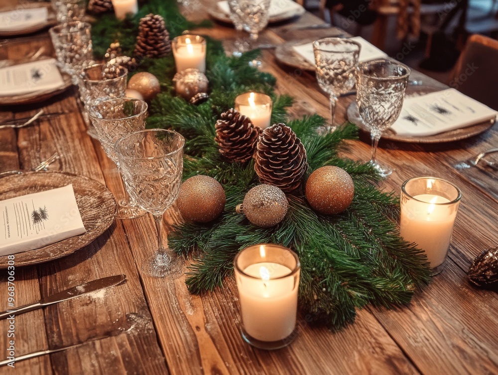 Rustic Christmas Table Setting with Candles and Pine Garland Rustic Christmas Table Setting with Candles and Pine Garland