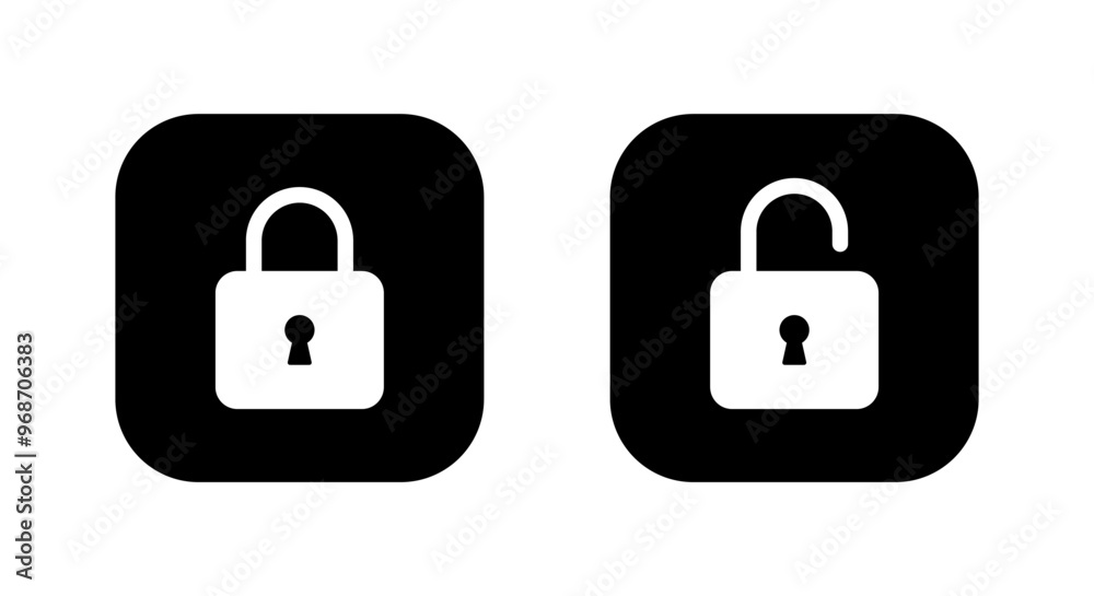 Lock and unlock icon on black square. Padlock concept Lock and unlock icon on black square. Padlock concept