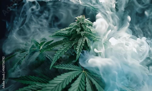 Cannabis-Pflanze mit Rauch im Hintergrund – Mystische Atmosphäre