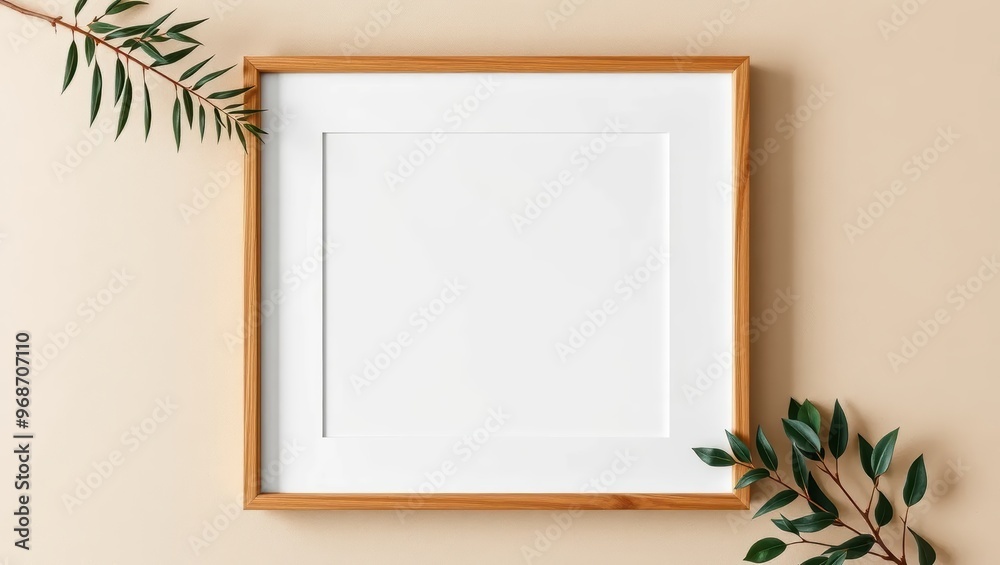 Blank Picture Frame with Green Leaves an Beige Backgroun Blank Picture Frame with Green Leaves an Beige Backgroun