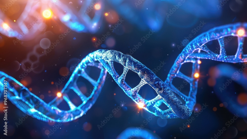 Stunning close-up of a DNA double helix structure, showcasing complex patterns and vibrant colors against a dark background. Stunning close-up of a DNA double helix structure, showcasing complex patterns and vibrant colors against a dark background.