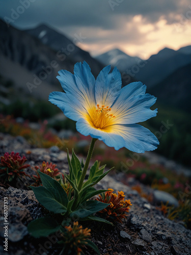 Luminous flower in mountains during the day on vertical background 27.