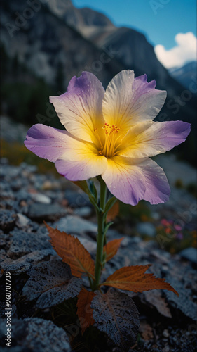Luminous flower in mountains during the day on vertical background 29.