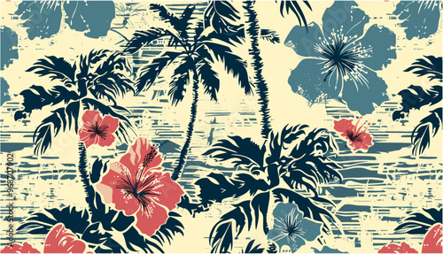 vector Grunge summer background with hibiscus flowers and palm trees, Hibiscus flowers with palm tree background grunge vector floral seamless pattern for fabric shirt towel tablecloth pillow wrapping photo