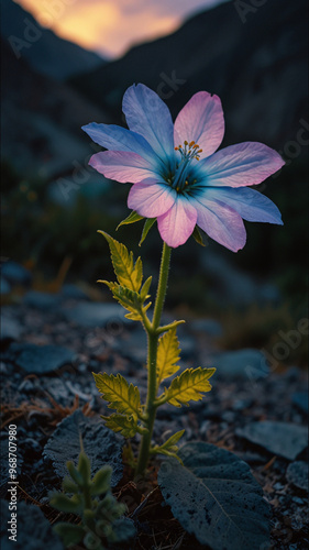 Luminous flower in mountains during the day on vertical background 30.