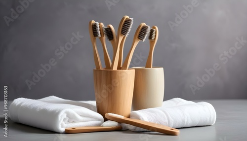 Eco toothbrushes. Bamboo toothbrushes cup, natural soap, plastic free ear sticks, wooden hair brush and white towels on gray stone background