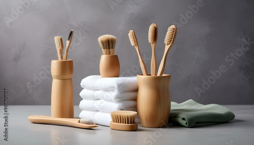 Eco toothbrushes. Bamboo toothbrushes cup, natural soap, plastic free ear sticks, wooden hair brush and white towels on gray stone background