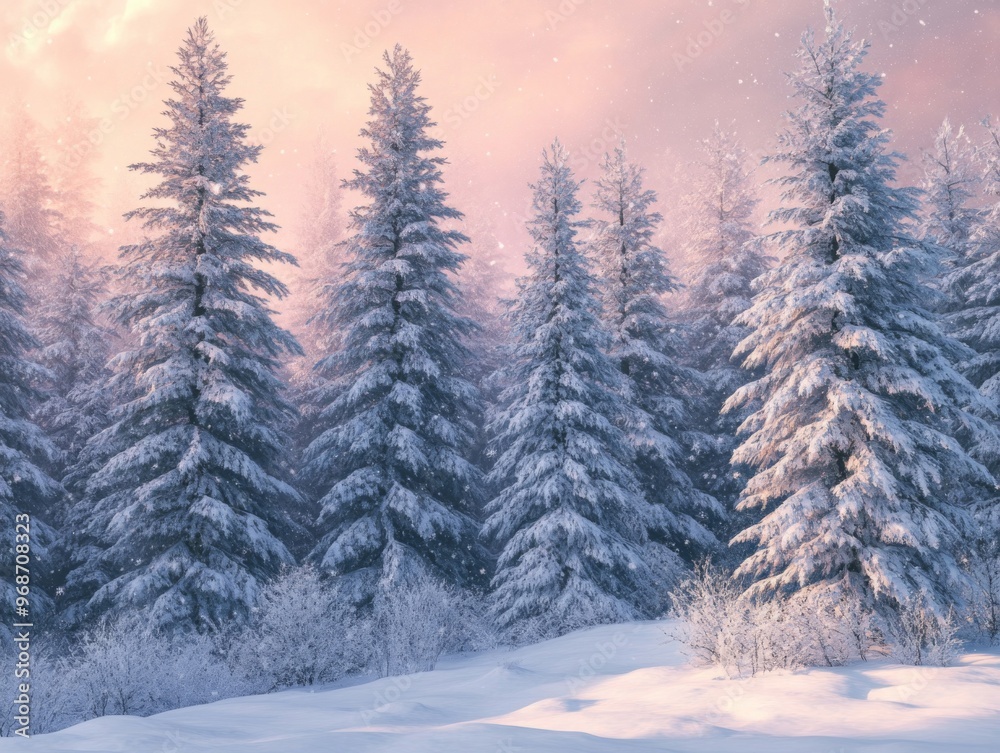 Obraz premium Snow-Covered Pine Forest Under a Pink Sky