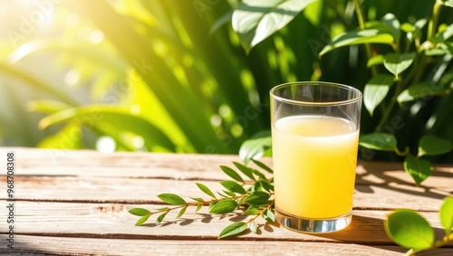 Glass of Orange Juice on Wooen Table with Green Leaves photo