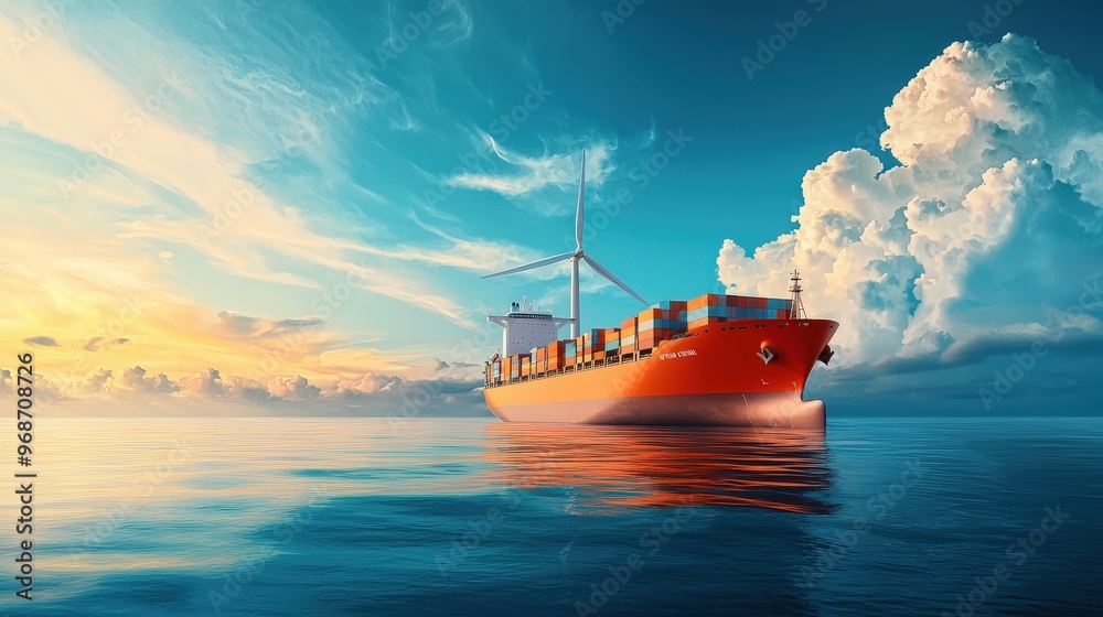 Obraz premium Wind-powered cargo ship docked at an eco-friendly port