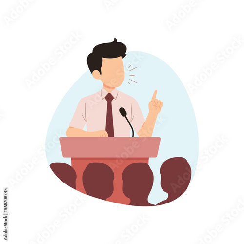 Public speaking skill. Businessman speaking in public on stage with podium isolated on white background vector illustration