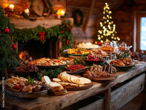 A Festive Table Spread with Christmas Decorations and Appetizers