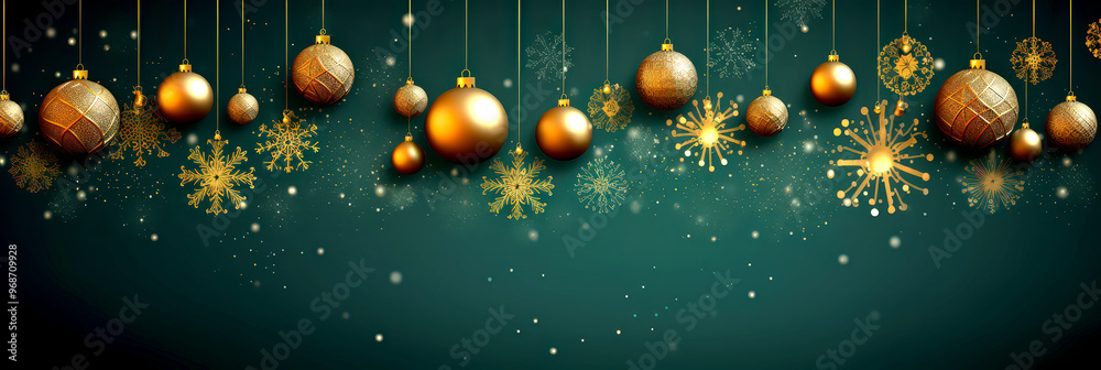 Naklejka premium Christmas and New Year Decorations. Beautiful golden shiny snowflakes and gold balls on a dark green background