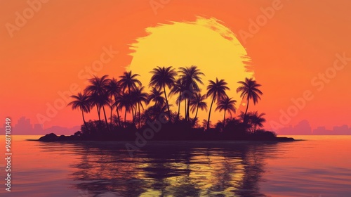 Silhouette of palm trees on island at sunset, vibrant tropical scene. Relaxation and tranquility concept