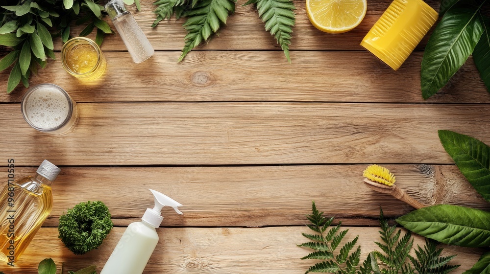 Eco-friendly cleaning products made from natural materials, displayed on a wooden table, with space for text.