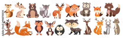 Cartoon set of funny wild forest animals, cute woodland characters for children's books, smiling fox, wild bear, funny squirrel, hedgehog, deer, wildlife biodiversity, Thanksgiving Day wild animal