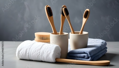 Eco toothbrushes. Bamboo toothbrushes cup, natural soap, plastic free ear sticks, wooden hair brush and white towels on gray stone background