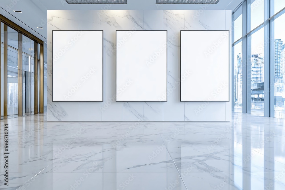 Empty gallery space featuring three blank frames on a marble wall, ideal for displaying artwork or announcements. Empty gallery space featuring three blank frames on a marble wall, ideal for displaying artwork or announcements.
