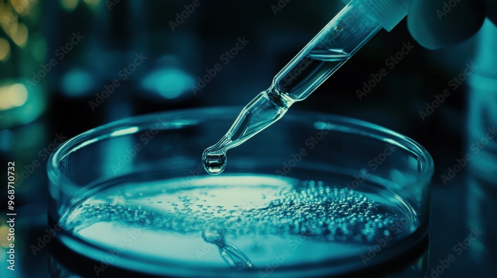 Close-up of a glass pipette releasing liquid into a Petri dish, biotech background with space for copy. Close-up of a glass pipette releasing liquid into a Petri dish, biotech background with space for copy.