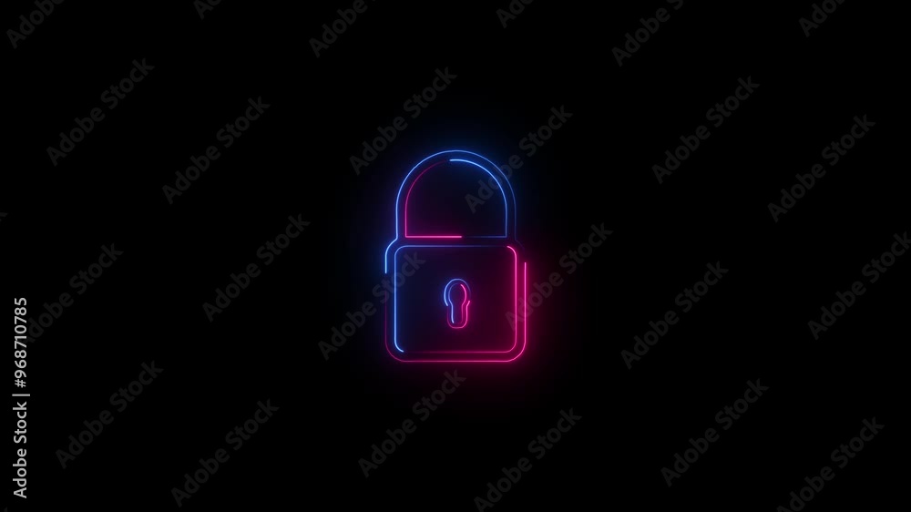 Lock neon sign appear in center and disappear after some time. Symbolizing cyber security and digital privacy.. 4k Lock neon sign appear in center and disappear after some time. Symbolizing cyber security and digital privacy.. 4k