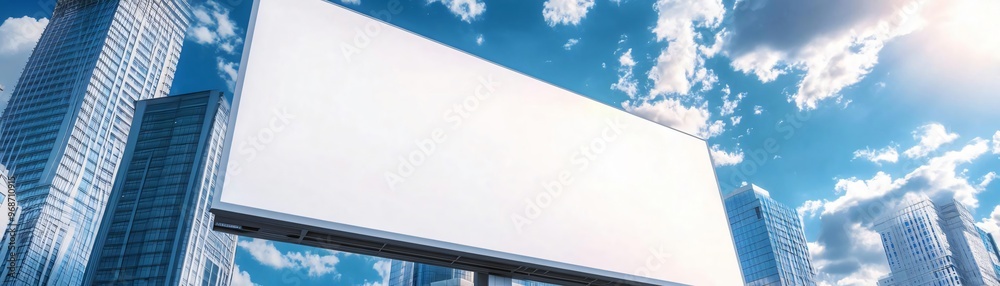 Large blank billboard in an urban setting, surrounded by skyscrapers and a bright blue sky, ideal for advertisements. Large blank billboard in an urban setting, surrounded by skyscrapers and a bright blue sky, ideal for advertisements.