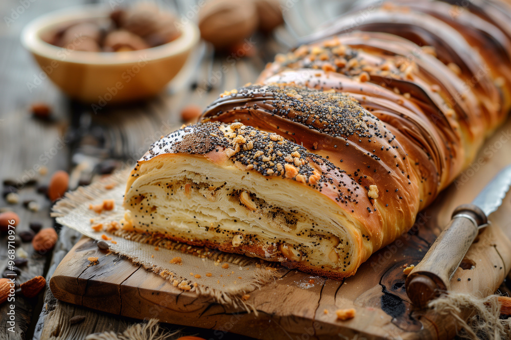 Christmas poppy seed cake, covered with icing and decorated with raisins and walnuts on the holiday table. Traditional Christmas cake in Poland.