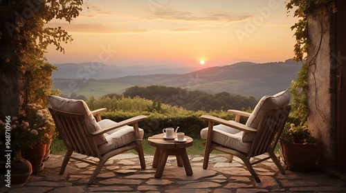 Two chairs facing each other on a stone patio with a beautiful sunset view of rolling hills, trees, and a setting sun in the distance.