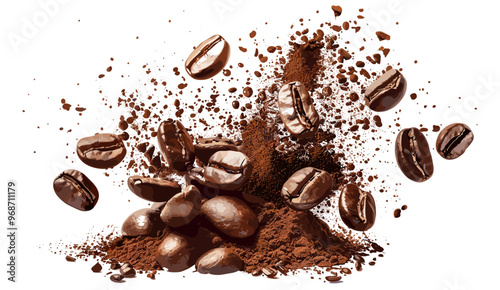 Coffee beans and powder explosion vector, coffee bean splash isolated, coffee grounds burst effect, coffee bean explosion on clear background, coffee powder flying isolated