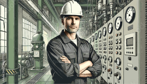 Confident and skilled construction site leader. Vector illustration.