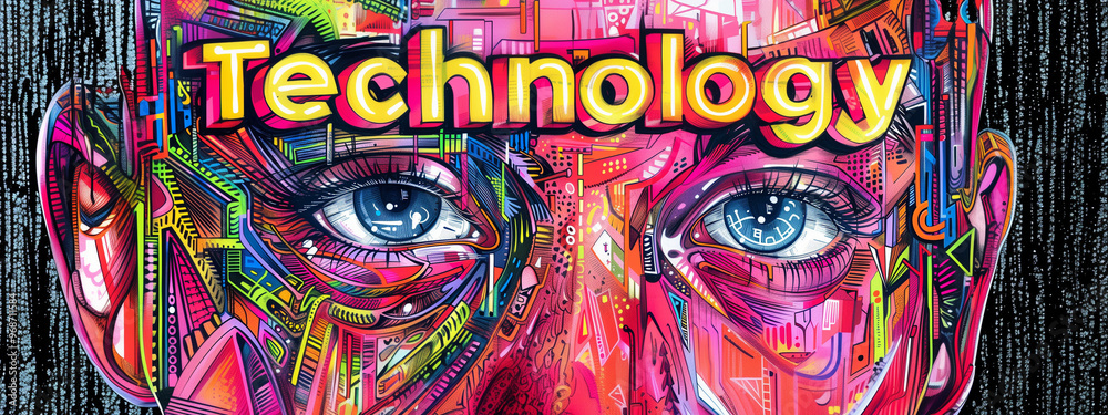 Abstract digital artwork of a face with vibrant colors and technology-themed elements, surrounded by binary codes. Abstract digital artwork of a face with vibrant colors and technology-themed elements, surrounded by binary codes.