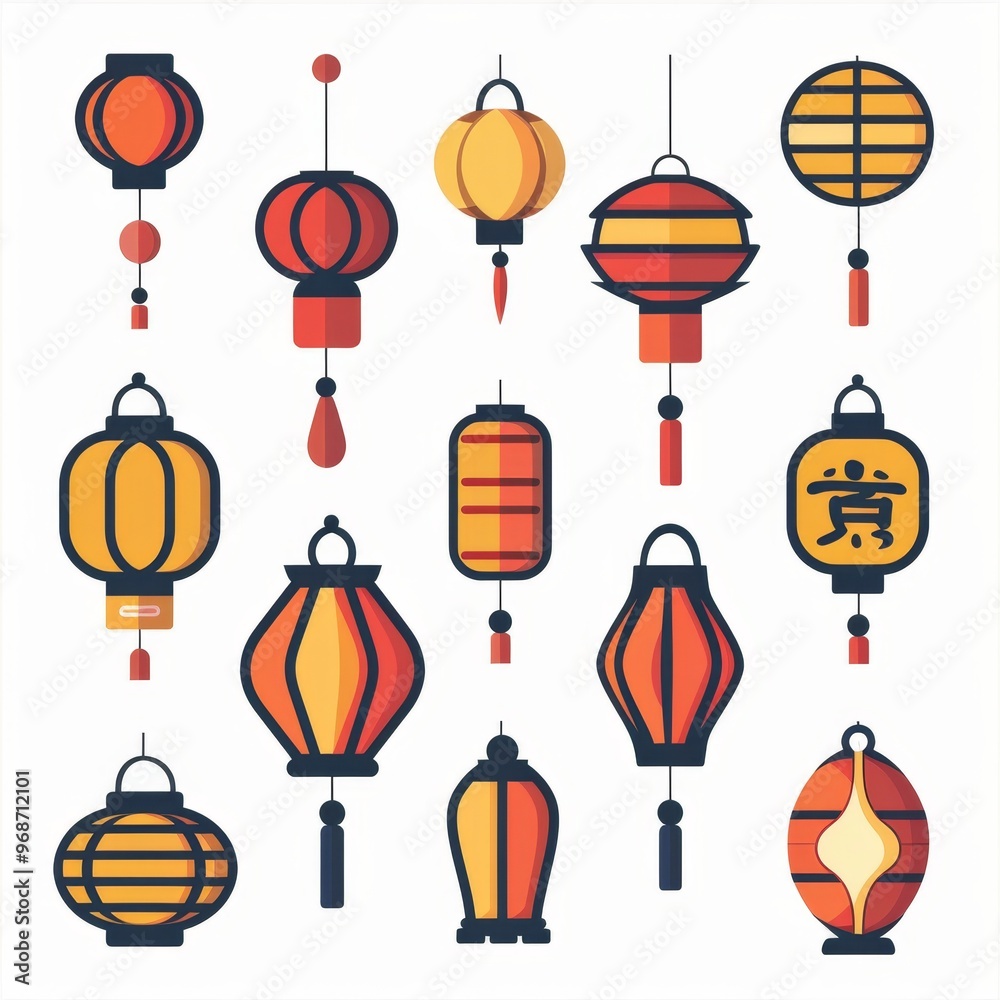 Fototapeta premium Asian lamp icon, chinese lantern isolated, traditional oriental lantern, light symbol,minimal flat flashlight