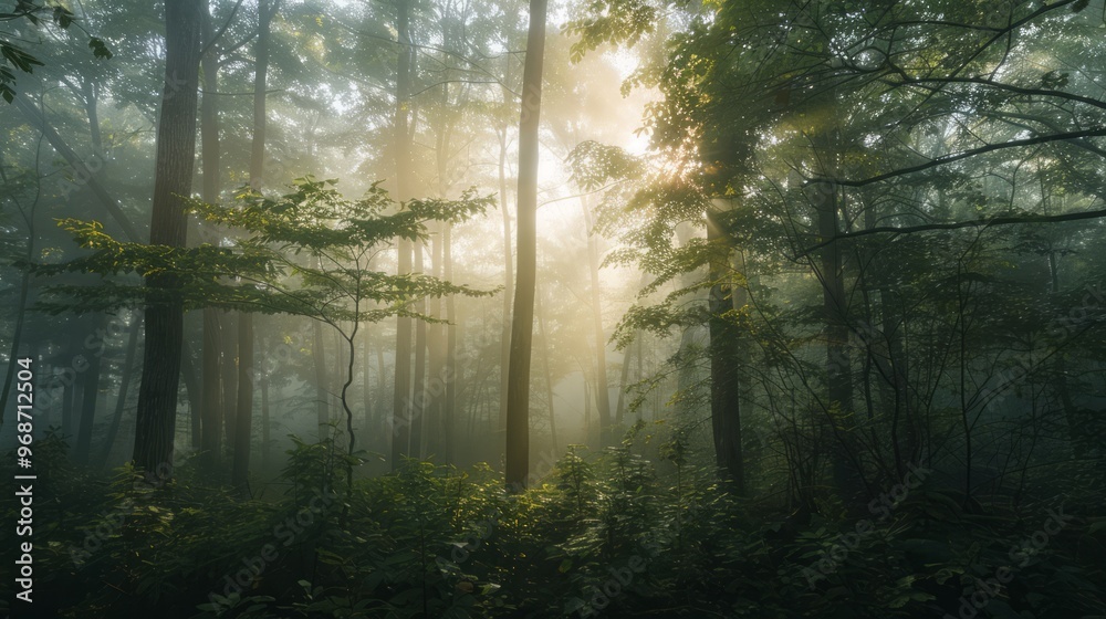 fog drifting through a dense forest during golden hour, with the sunlight filtering through the trees and creating a peaceful and mystical atmosphere, with copy space for text fog drifting through a dense forest during golden hour, with the sunlight filtering through the trees and creating a peaceful and mystical atmosphere, with copy space for text