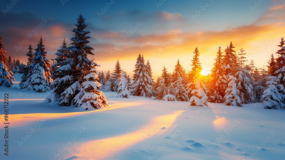 snow-covered trees at golden hour, with the warm light creating a peaceful and serene winter scene, with ample copy space for text snow-covered trees at golden hour, with the warm light creating a peaceful and serene winter scene, with ample copy space for text