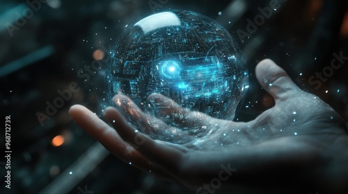 Advanced digital sphere in a hand, surrounded by a futuristic transparent interface with blue and white light, symbolizing AI innovation.