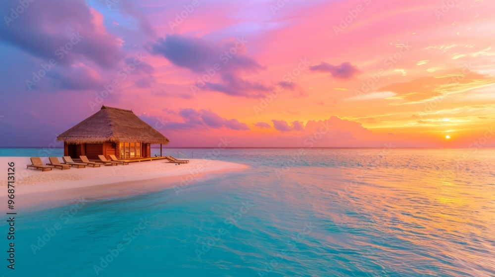 tropical beach scene with a thatched-roof beach hut, sun loungers, and a vibrant sunset reflecting off the ocean, creating a perfect summer escape, with copy space for text tropical beach scene with a thatched-roof beach hut, sun loungers, and a vibrant sunset reflecting off the ocean, creating a perfect summer escape, with copy space for text