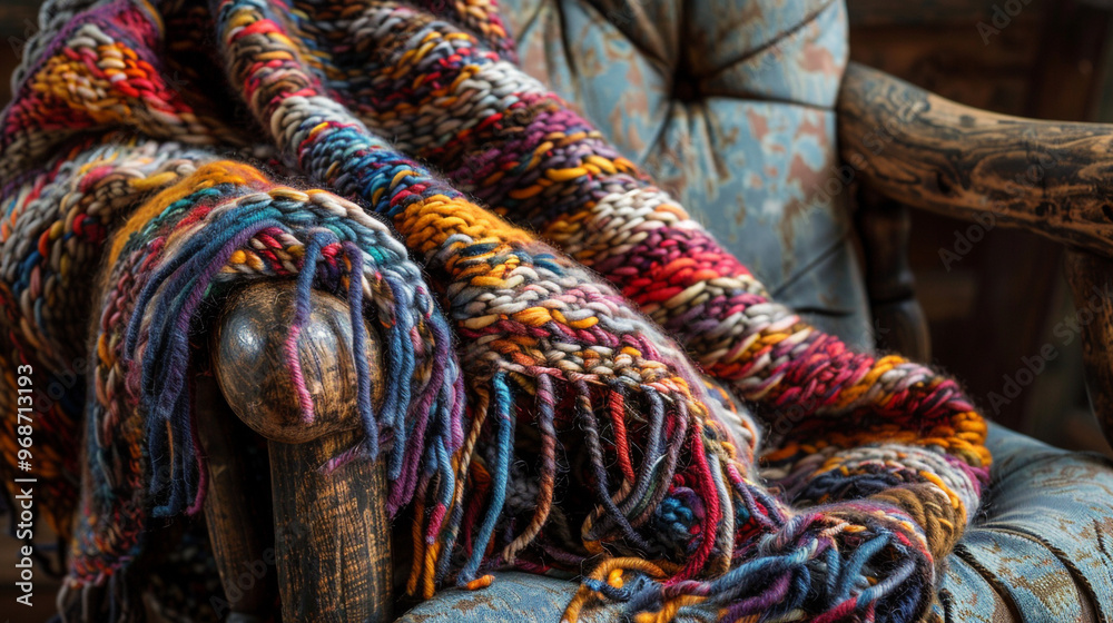 A close-up of a hand-knit scarf draped over a rustic chair. The scarf features a complex pattern with vibrant colors, and the texture of the yarn is clearly visible. A close-up of a hand-knit scarf draped over a rustic chair. The scarf features a complex pattern with vibrant colors, and the texture of the yarn is clearly visible.