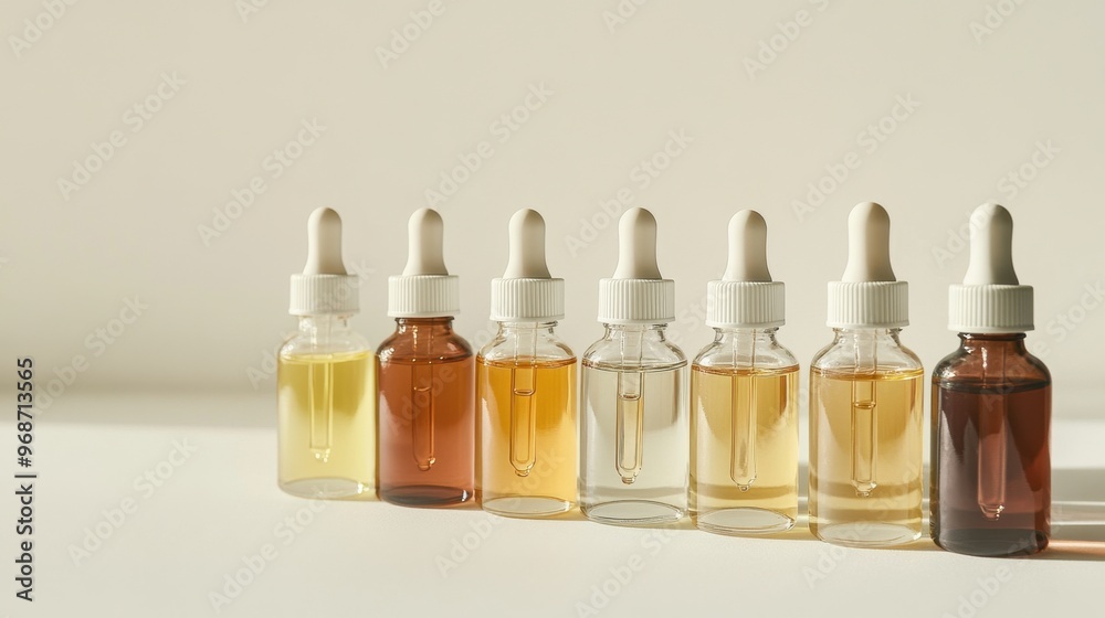 Beauty serum in glass vials, set against a clean background, representing cosmetic product research and innovation. Beauty serum in glass vials, set against a clean background, representing cosmetic product research and innovation.