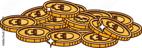 Retro cartoon groovy pirate and corsair golden coins pile. Isolated vector gold ancient doubloons. Shiny yellow ducats with skull engravings. Fantasy treasure, loot, fairy tale or adventure game asset