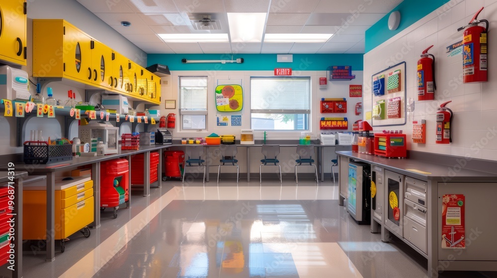 A science lab in a school with emergency safety kits and fire extinguishers clearly placed on the walls, students learning in a secure and safe environment with ample lighting, copy space for text A science lab in a school with emergency safety kits and fire extinguishers clearly placed on the walls, students learning in a secure and safe environment with ample lighting, copy space for text