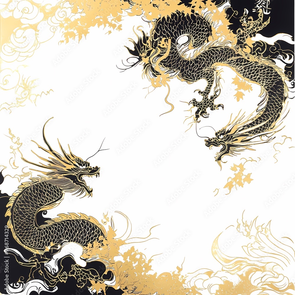 Obraz premium Golden Fury: Two majestic dragons, rendered in intricate detail, entwine in a celestial dance of black and gold, symbolizing power, duality, and the allure of the Far East. 