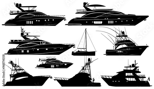 Yacht silhouette vector collection, motor boat icon, speed boat silhouette, speed boat vector collection, luxury yacht designs, marine boat graphics, nautical-themed illustrations,